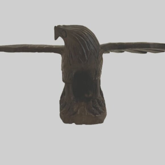 Vintage Bald Eagle Art Hand Carved Sculpture Statue Solid Wood Opened Wings Bird - Picture 2 of 2
